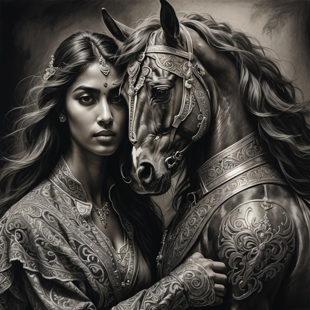 Detailed Charcoal Drawing of India on Horse