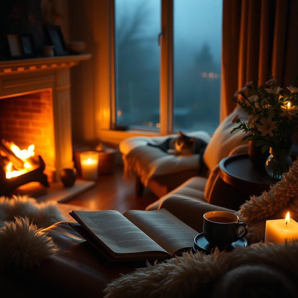 Warmly Lit Living Room with Fireplace, Cinematic Aesthetic