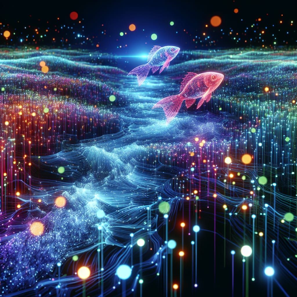 Cybernetic River: Data as Glowing Neon Streams