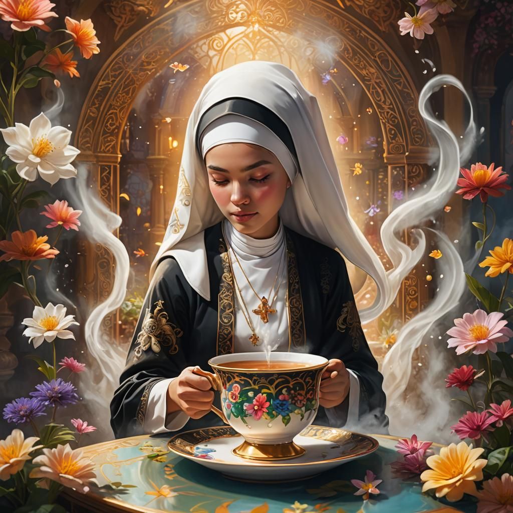 Whimsical Nun in Teacup Fantasy Art