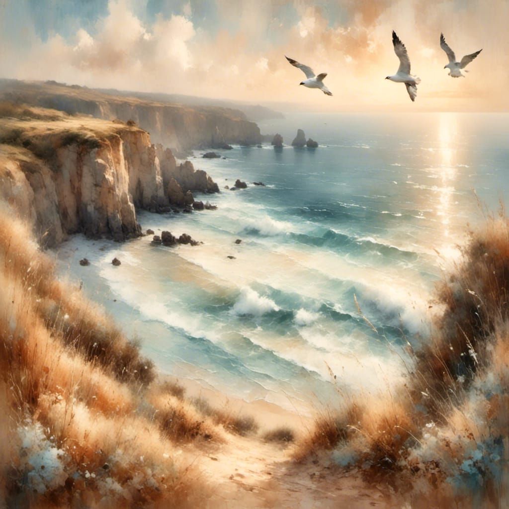 Impressionist Beach Scene with Seagulls in Soft Light