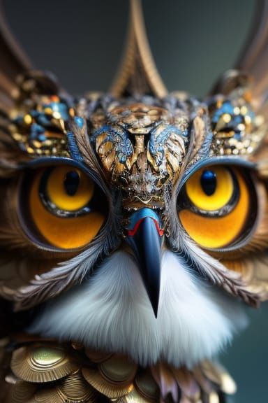 Wise Owl Portrait in Hyperdetailed Gouache Illustration