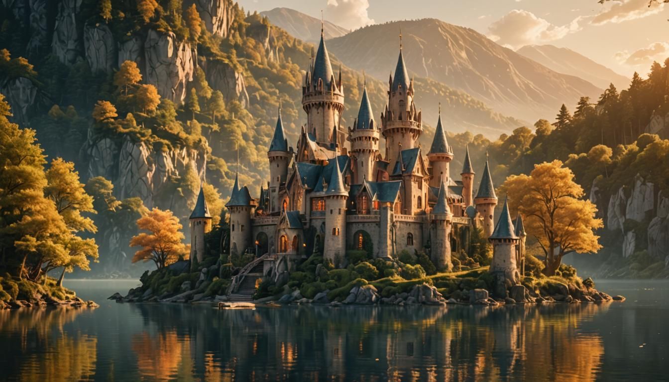 Dreamlike Elven Castle on Island at Sunset