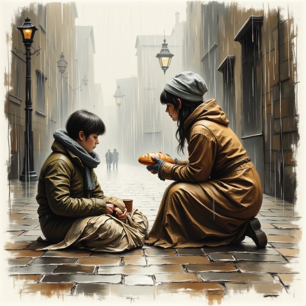 Kind Baker Helps Shivering Woman in Wet Watercolor Style