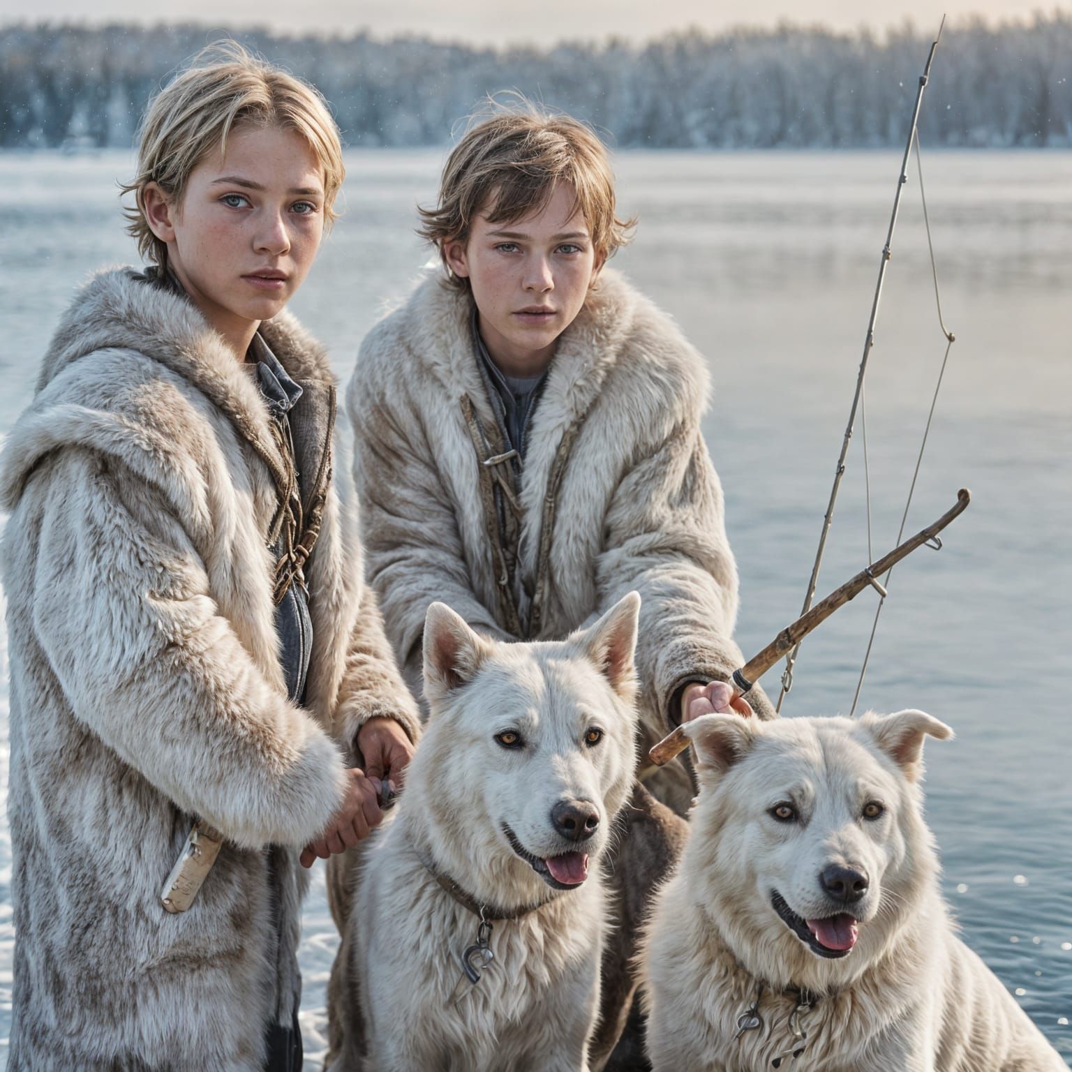 Viking Children Fishing on Frozen Lake Portrait
