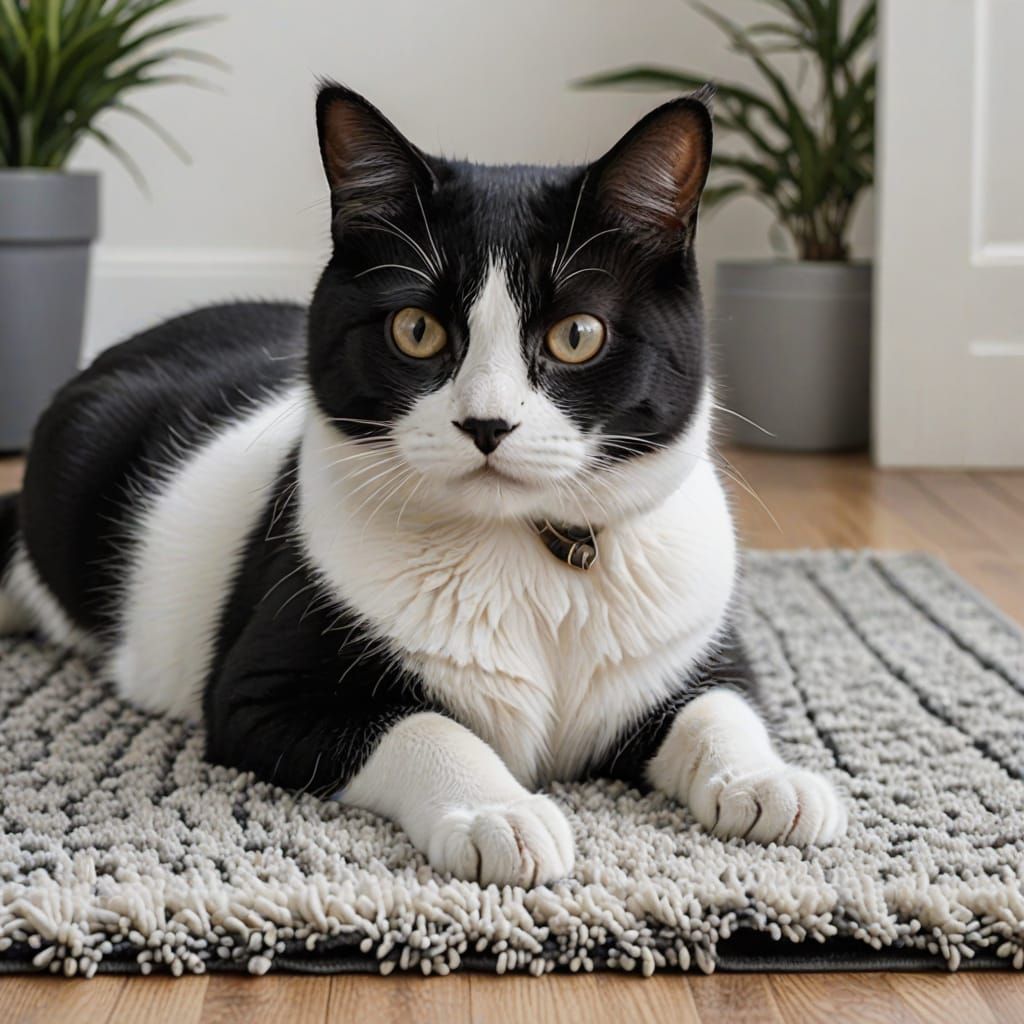 Whimsical Black Cat Prowls a Monochromatic Rug