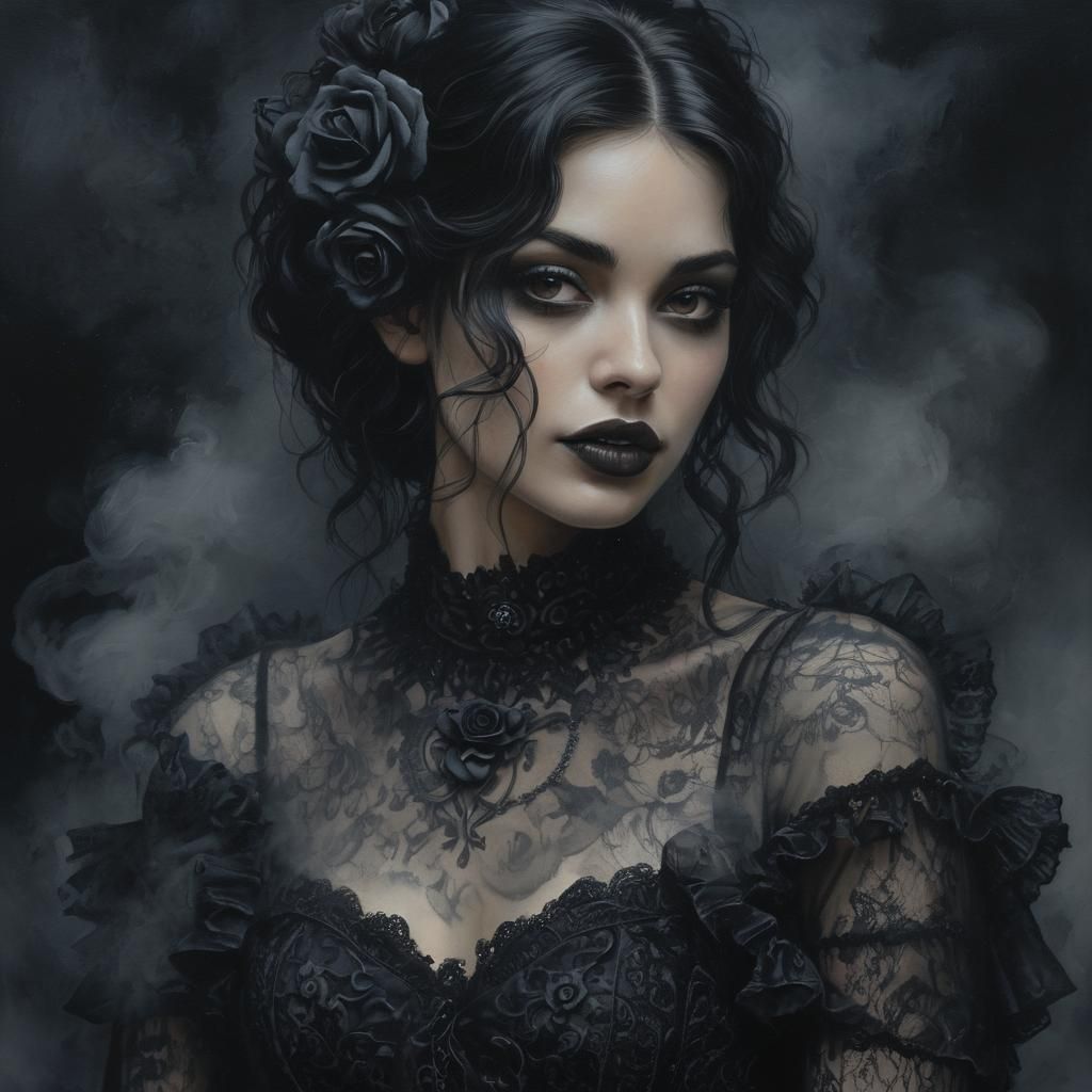 Gothic Woman with Black Roses in Oil Painting Style