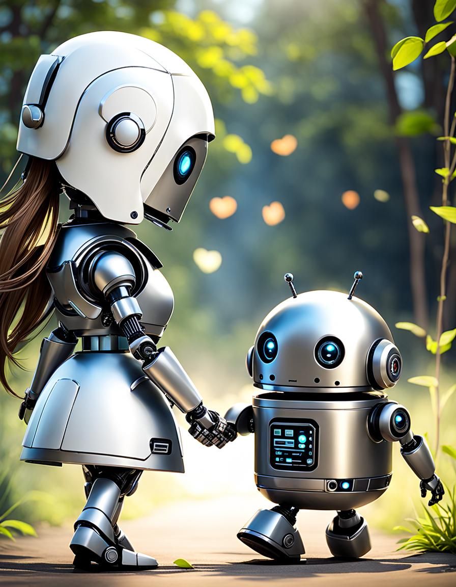 Chibi Robot and Android Walking Together