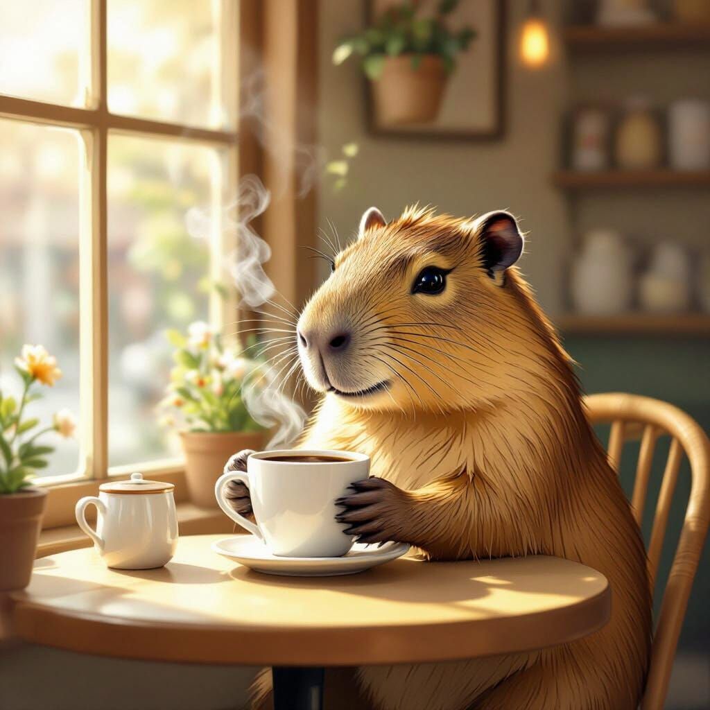 Contented Capybara Enjoys Coffee at a Cozy Cafe