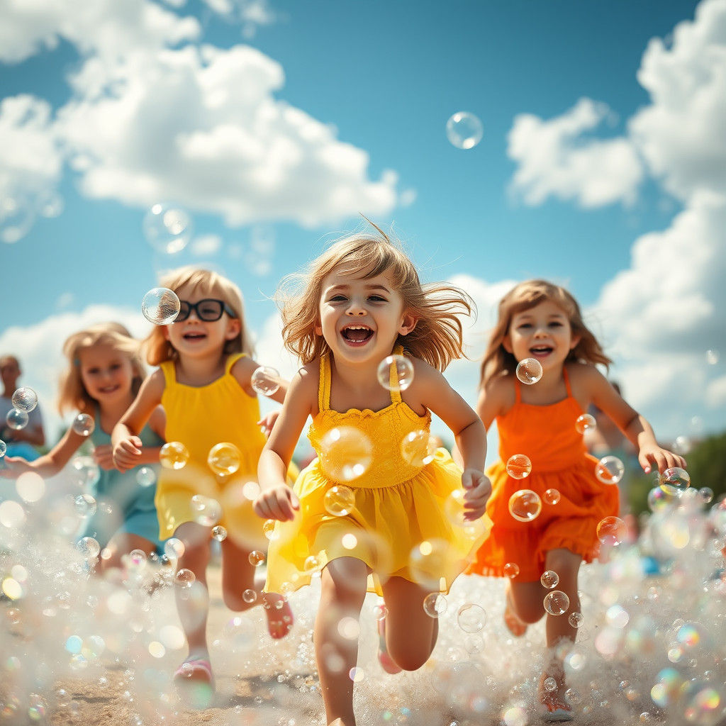 Whimsical Summer Children Playing in Iridescent Bubbles