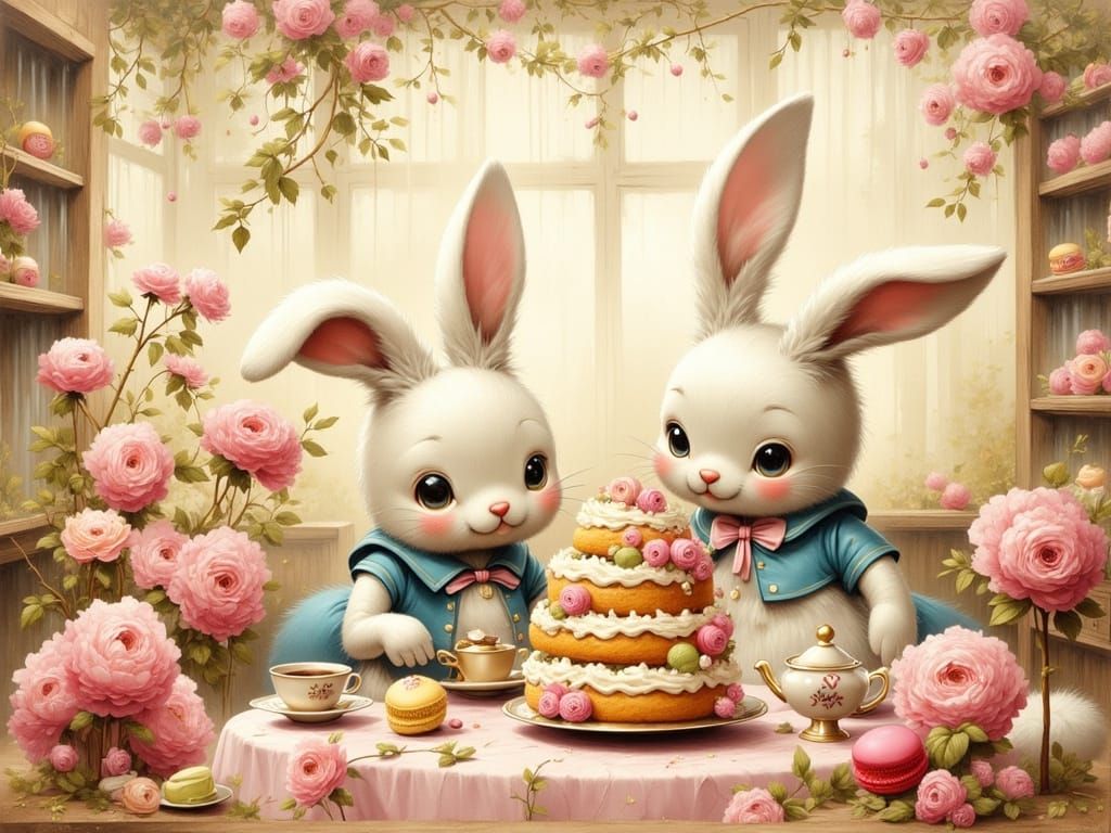 Anthro Bunnies in Whimsical Pastel Cafe