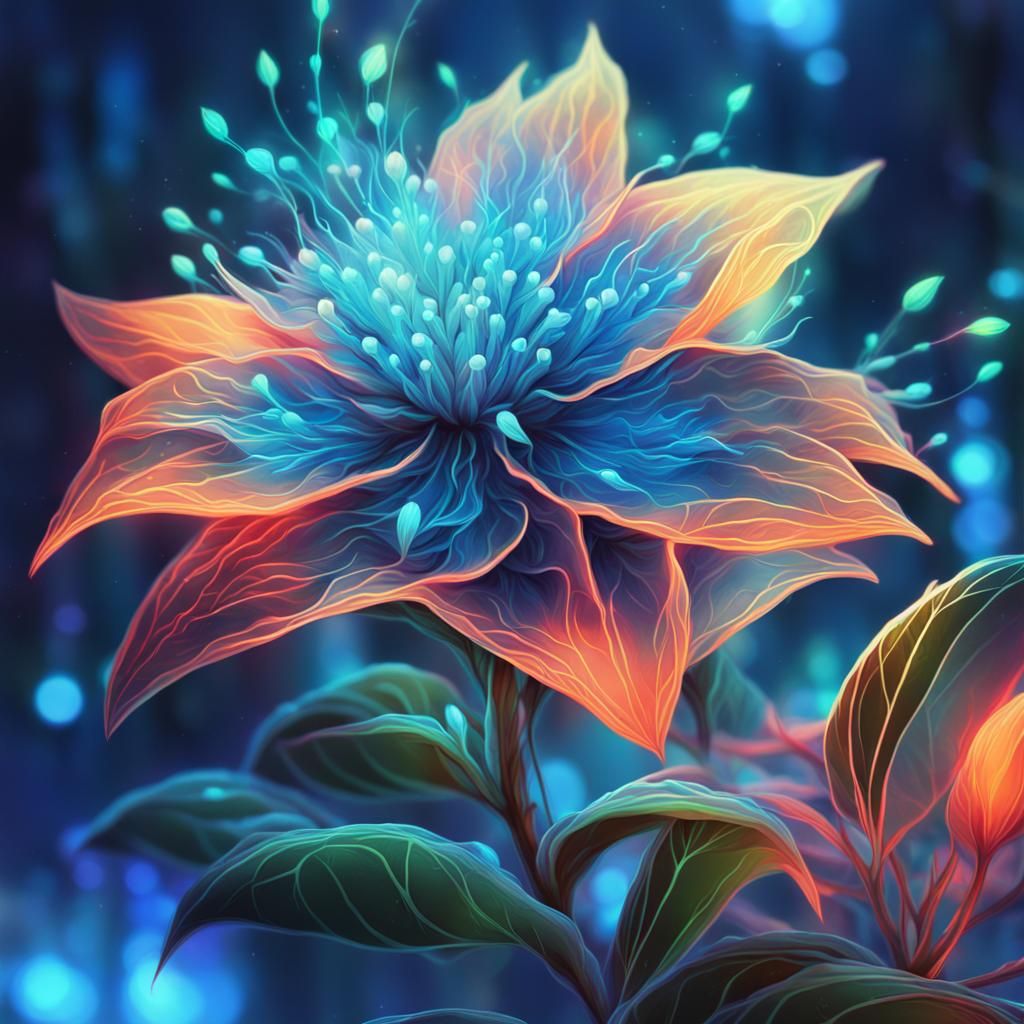 Blue Blossom Plant in Neon Fantasy Style