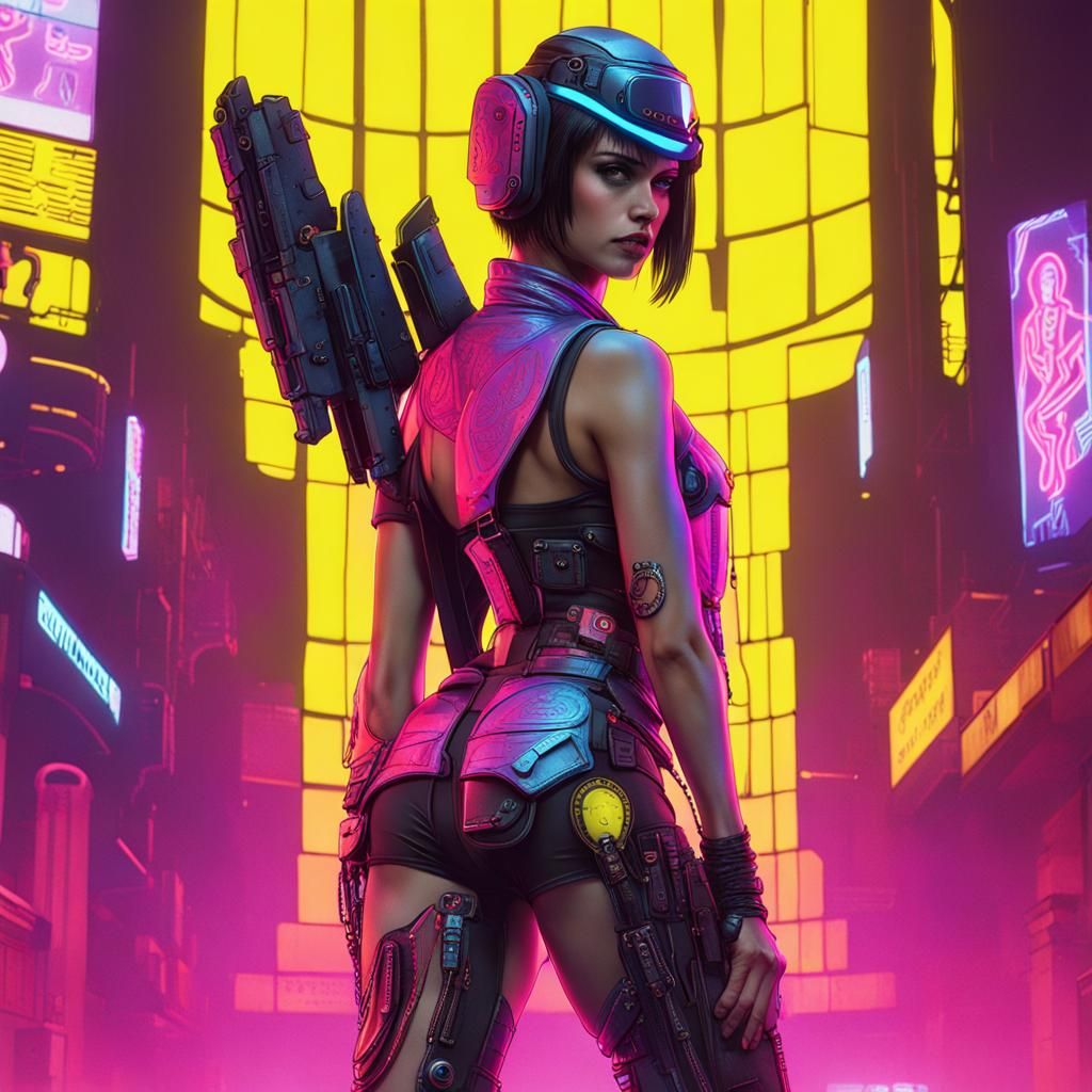 Athena in Cyberpunk Attire with Neon Lighting