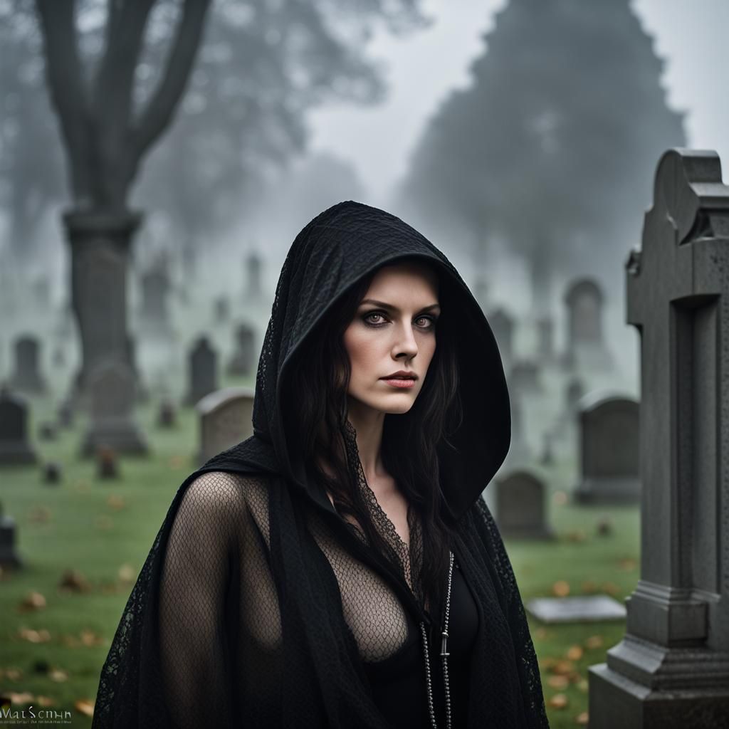 Woman in Cemetery Portrait with Fog and Bokeh