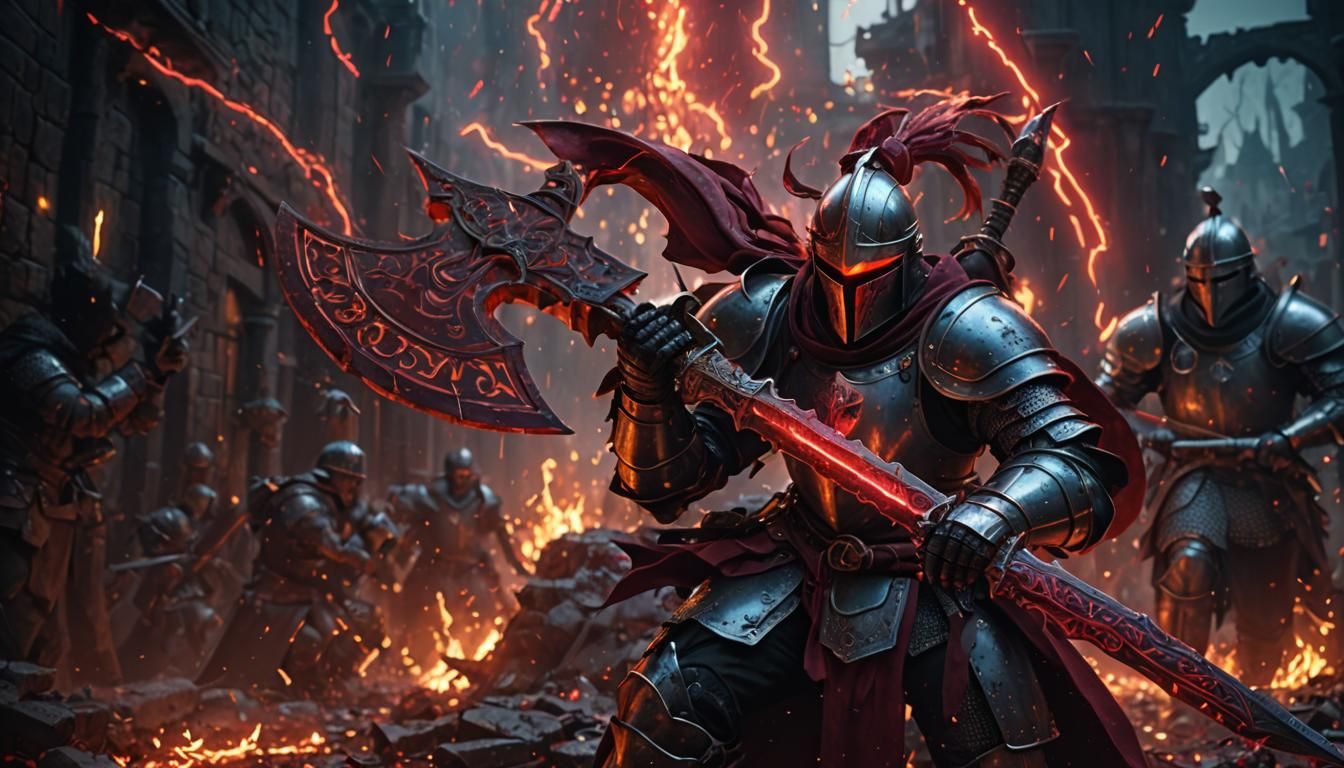 Knight Warrior in Dark Red Neon Lighting