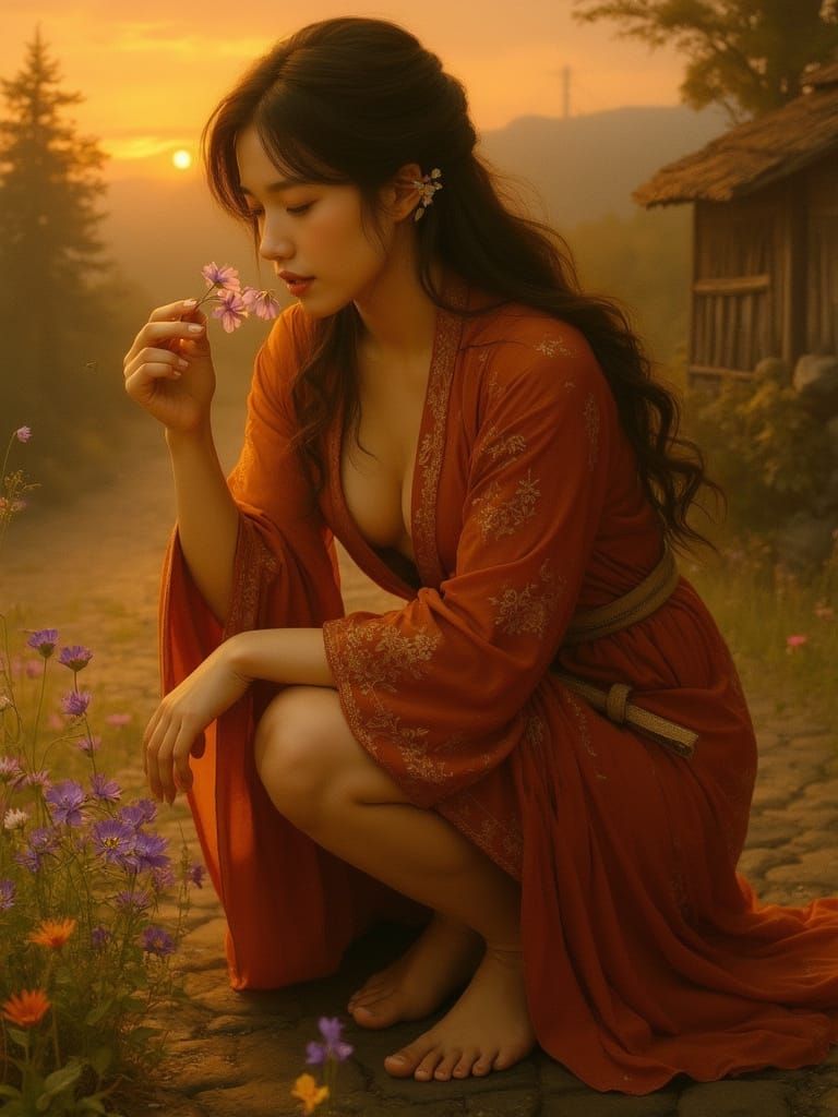 Woman Smelling Wildflower in Dreamy Oil Painting