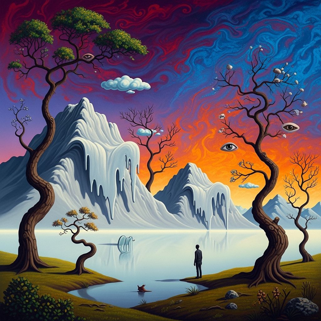 Surreal Landscape with Melting Mountains and Distorted Trees