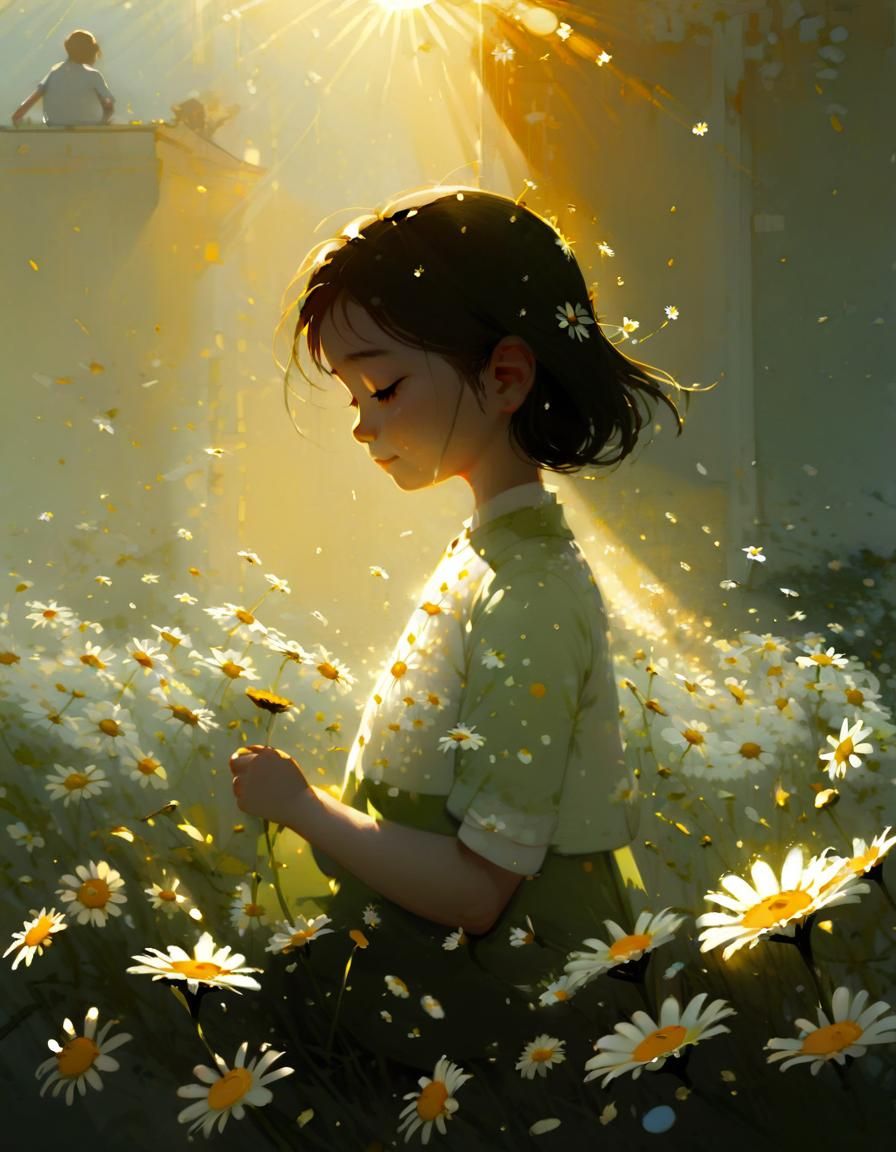 Little Girl Among Daisies in Illustrative Style
