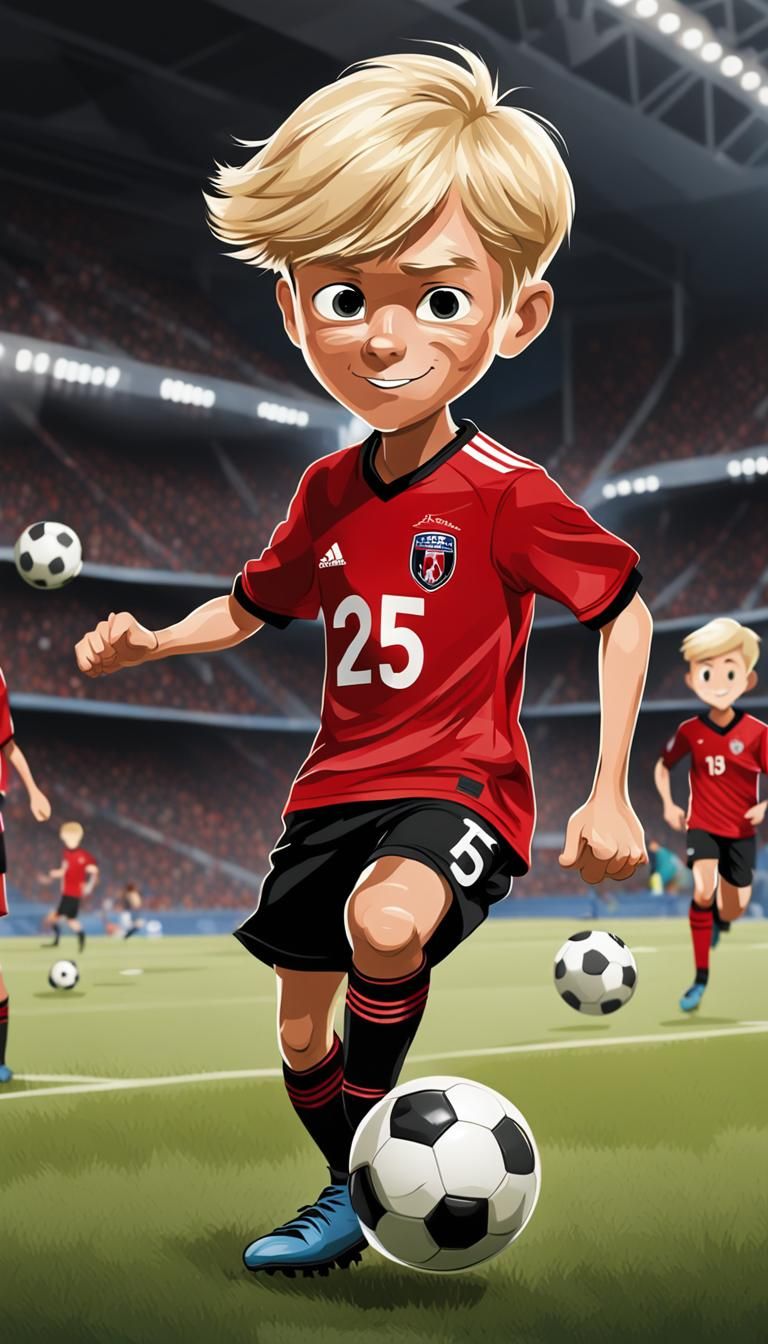 a cartoon image of a blonde 10 year old boy with side bangs playing soccer and kicking the ball, wearing red and black s...