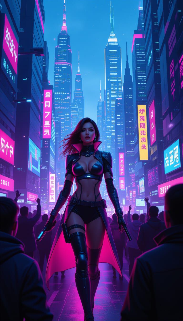 Cyberpunk Cityscape with Futuristic Woman