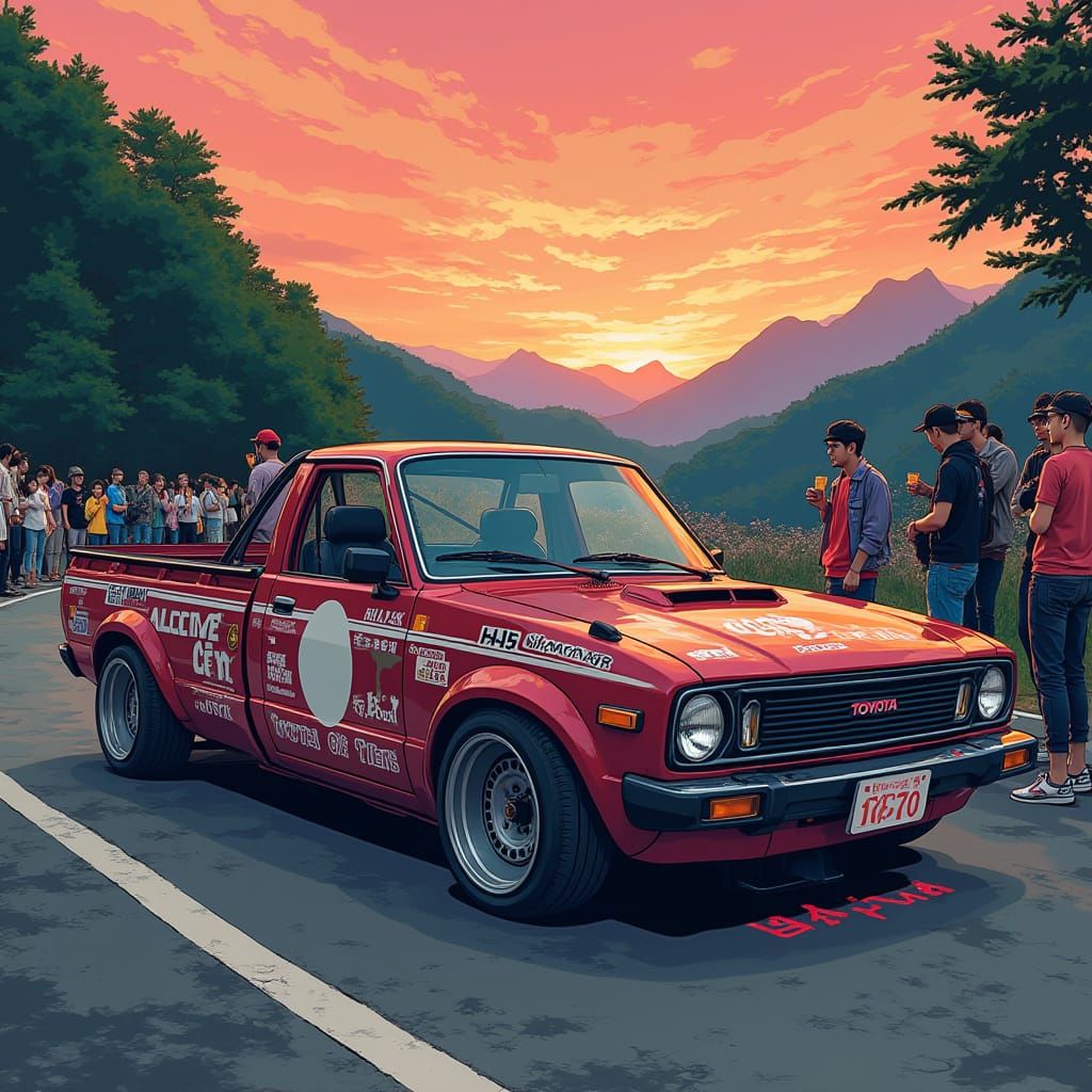 Vibrant Japanese Drift Car Meet in Retro Style