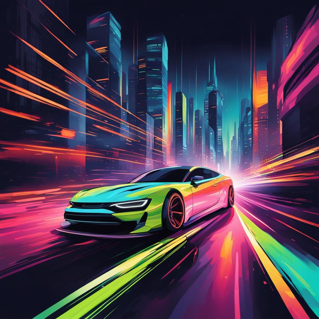 Neon Street Racing Car in Futuristic Cityscape