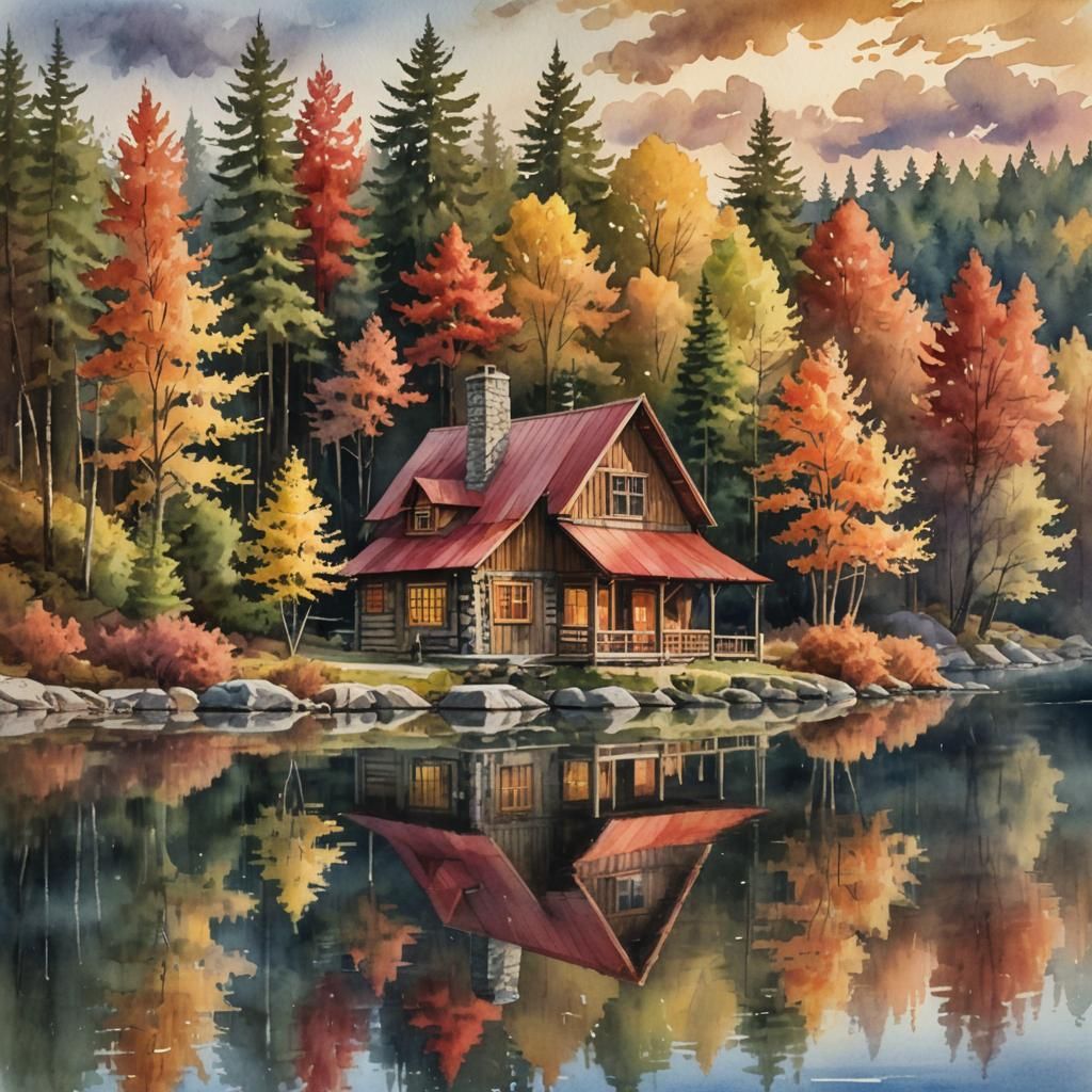 Prompt: Create a peaceful autumn scene of a cozy wooden cabin with a red metal roof and stone chimney, nestled by a calm...
