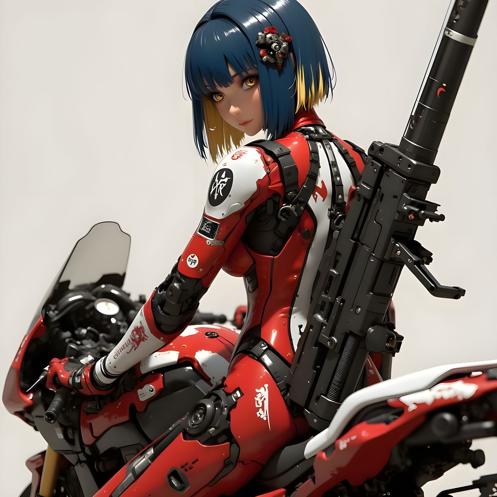 Cyborg Kunoichi in Neo Cyberpunk Red and White Leather Suit...