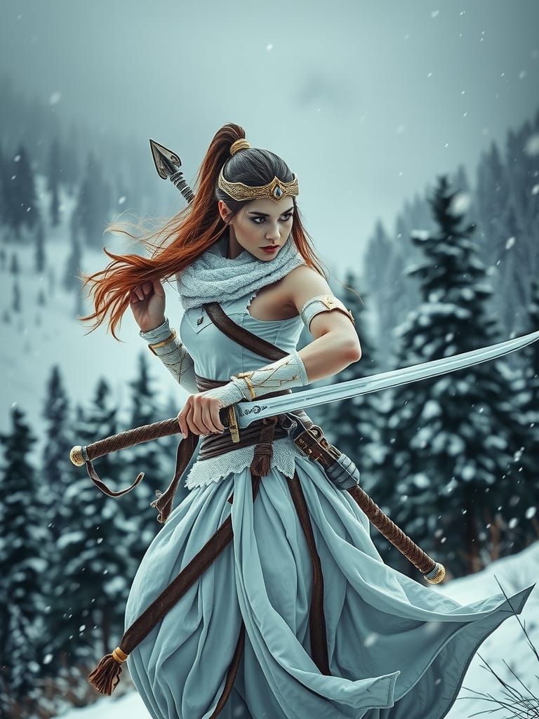 Warrior Woman with Sword in Winter Forest
