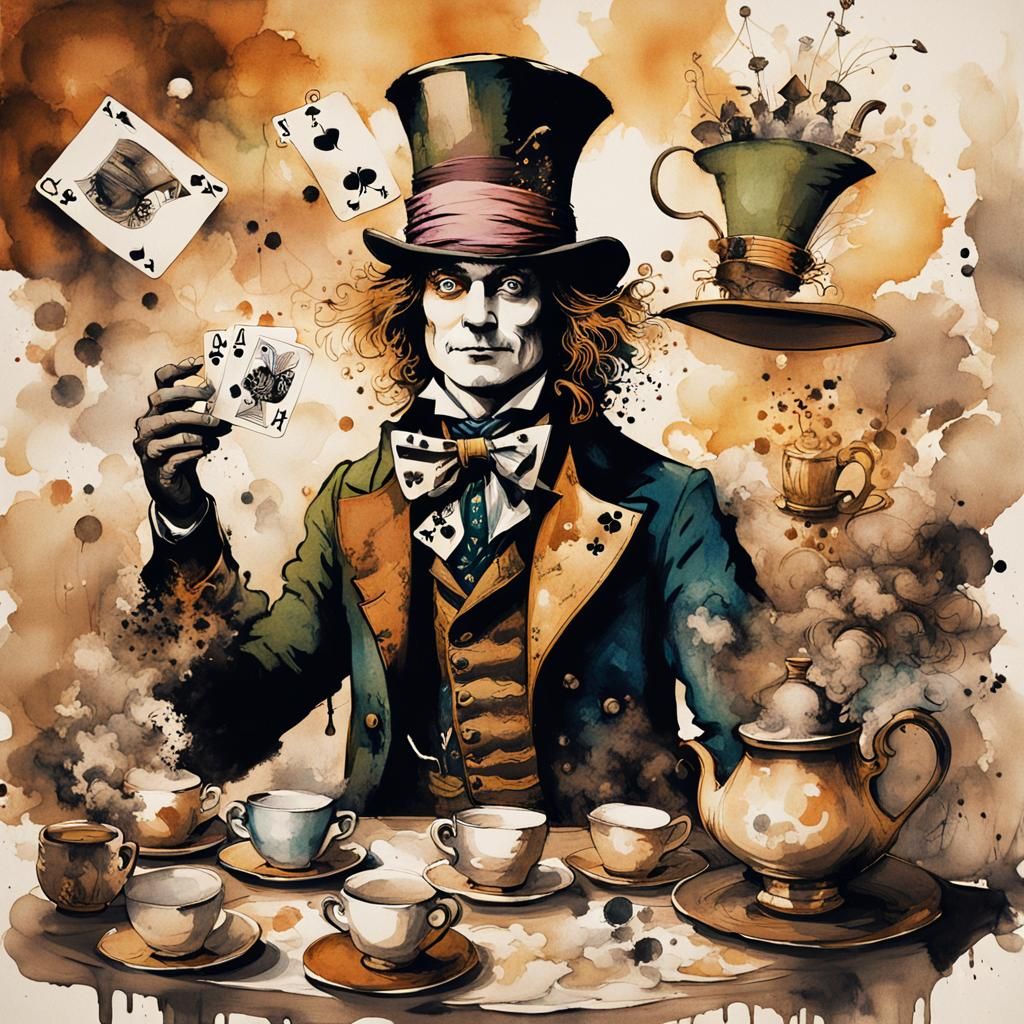 Mad Hatter's Steampunk Tea Party in Ink Painting Style