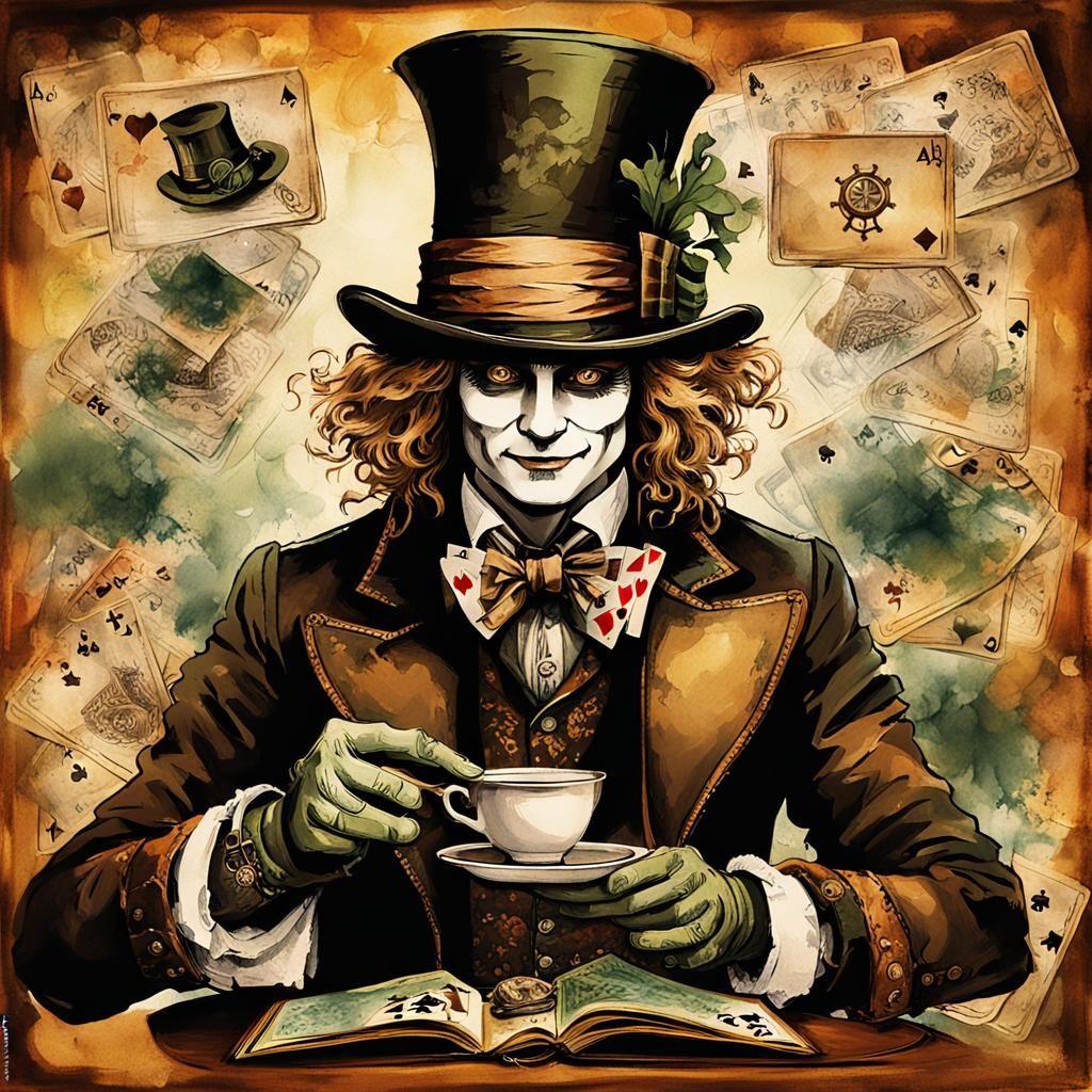 Steampunk Mad Hatter Ink Painting in Earth Tones