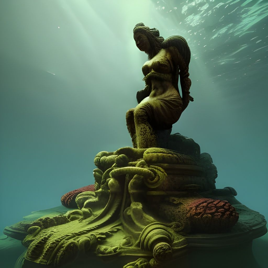 Underwater Statue with Algae in Dark Fantasy Style
