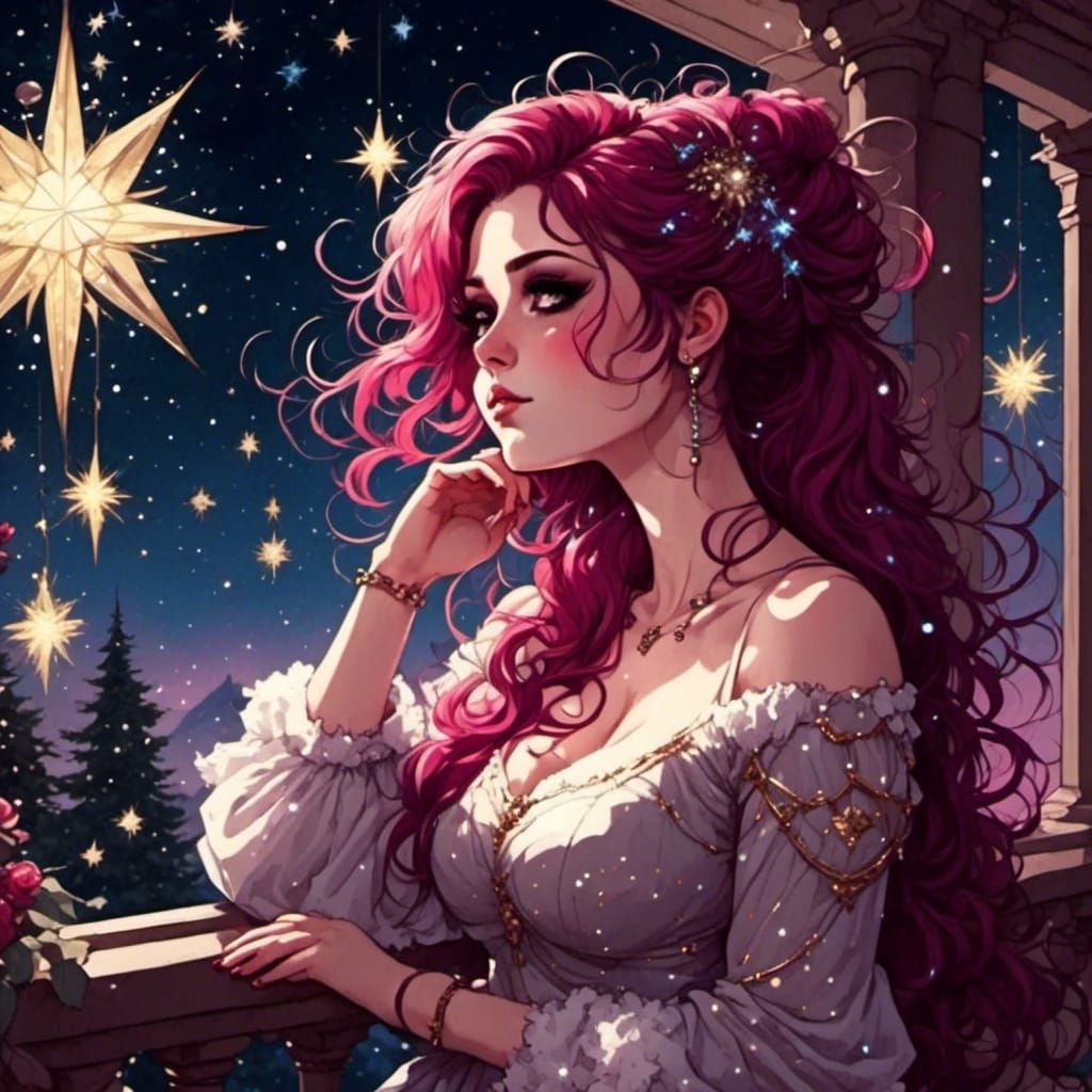Ethereal Woman Gazing at Stars in Anime Style