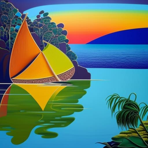 Yellow Sydney Opera House on Blue Ocean: Surrealist Abstract