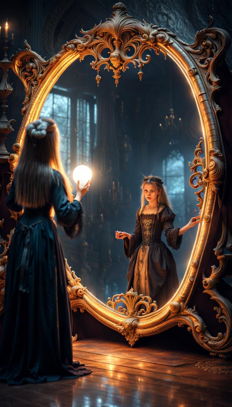 Witch and Magical Mirror Reflection in Fantasy Art