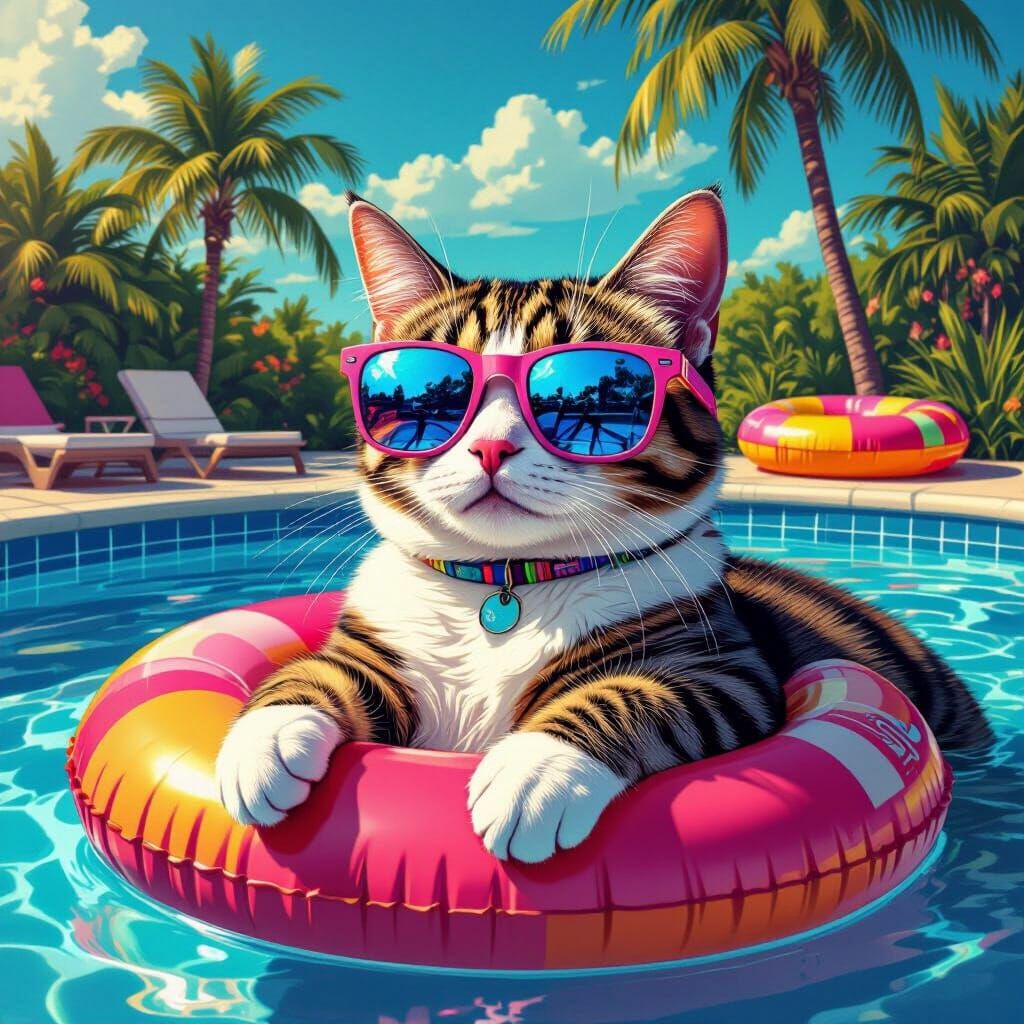 Cool Cat Lounging by a Vintage Pool in Neon Style