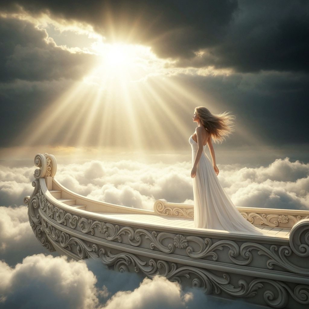 Woman on Ornate Boat in Cloud Sea