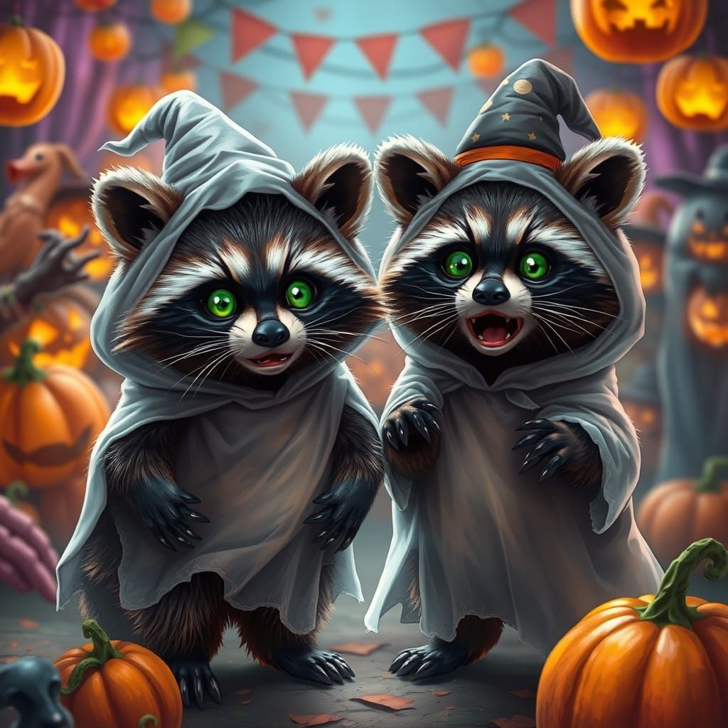 Anthropomorphic Raccoons in Halloween Costumes