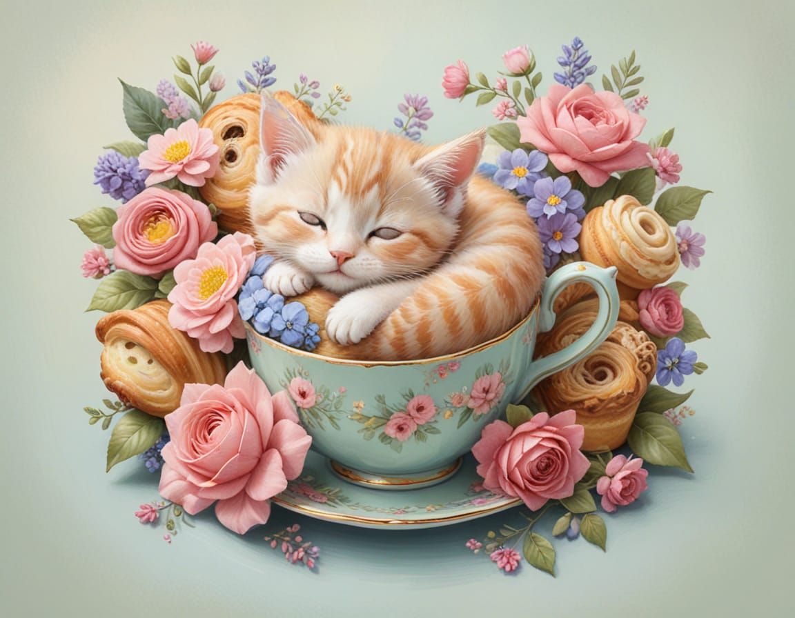 Whimsical Storybook Kitten in Teacup with Pastries