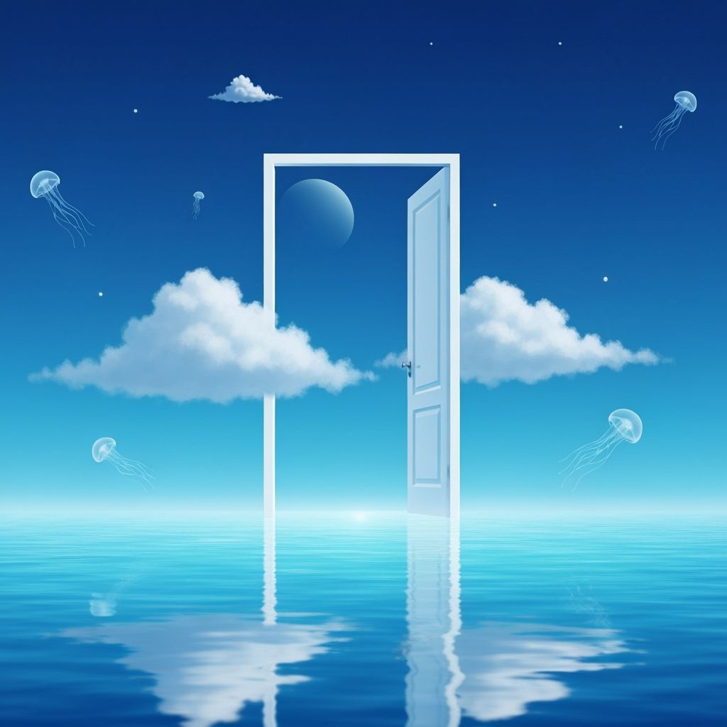 Surreal Doorway to Endless Sky Above Tranquil Ocean