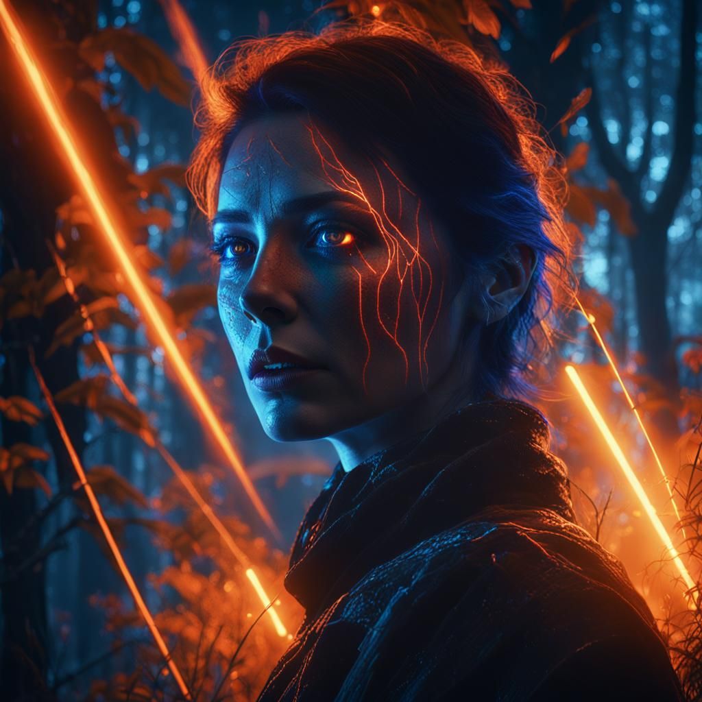 Mystical Woman with Laser Eyes in Dark Forest