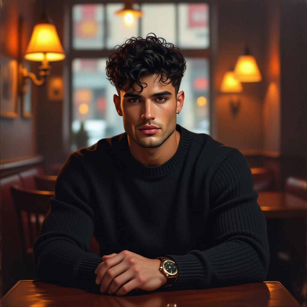 Grunge Man in Moody Cafe Oil Painting