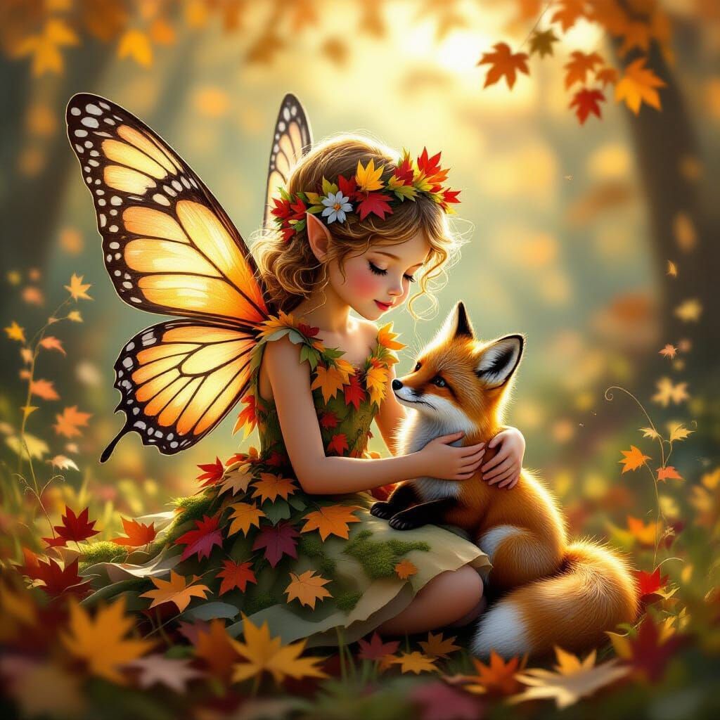Autumn Fairy Girl With Fox in Golden Hour Light