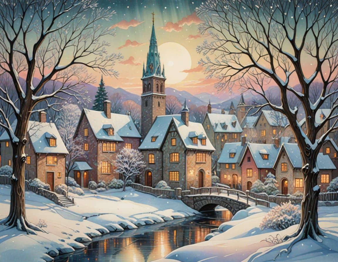 Whimsical Snowy Village Scene in Dreamlike Watercolor Style