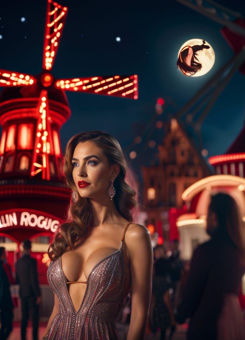Paris Moulin Rouge at Night with Full Moon