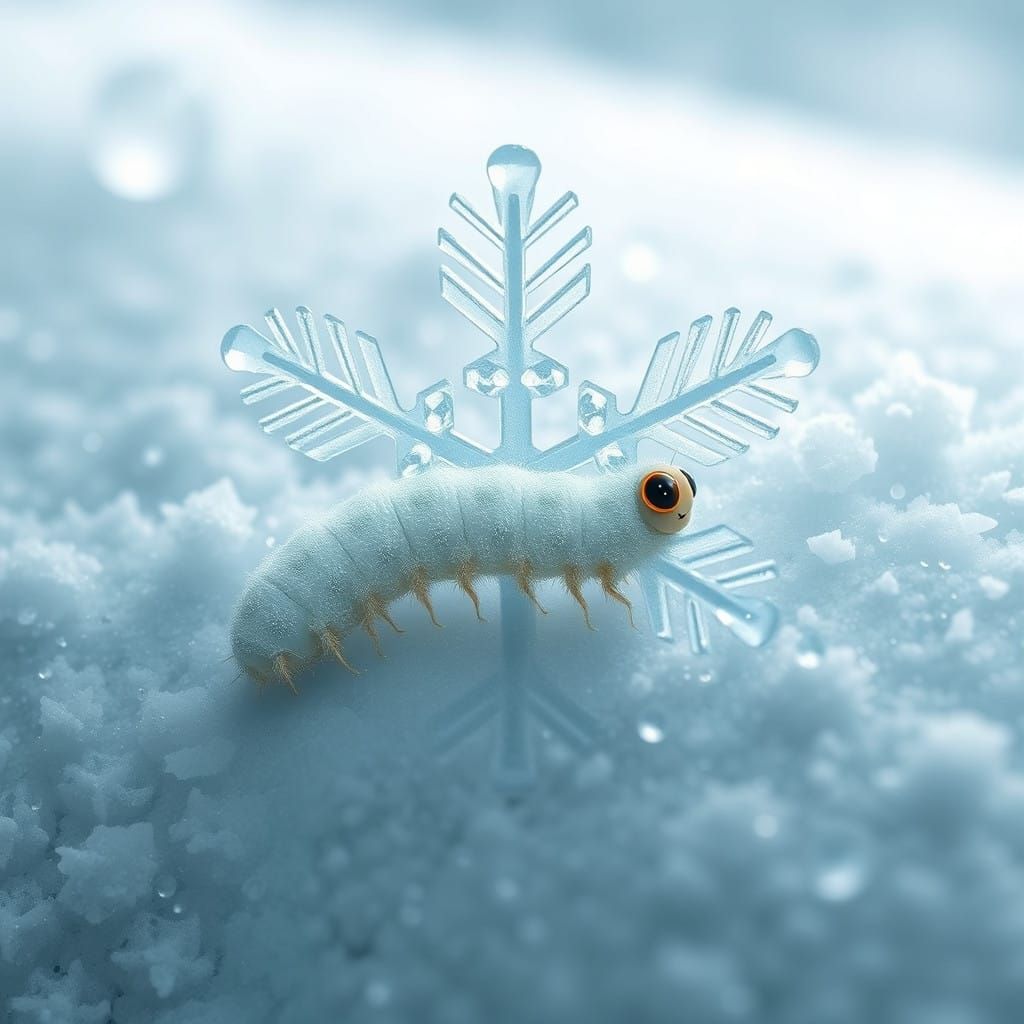 Surreal Snowflake Welcomes a Caterpillar