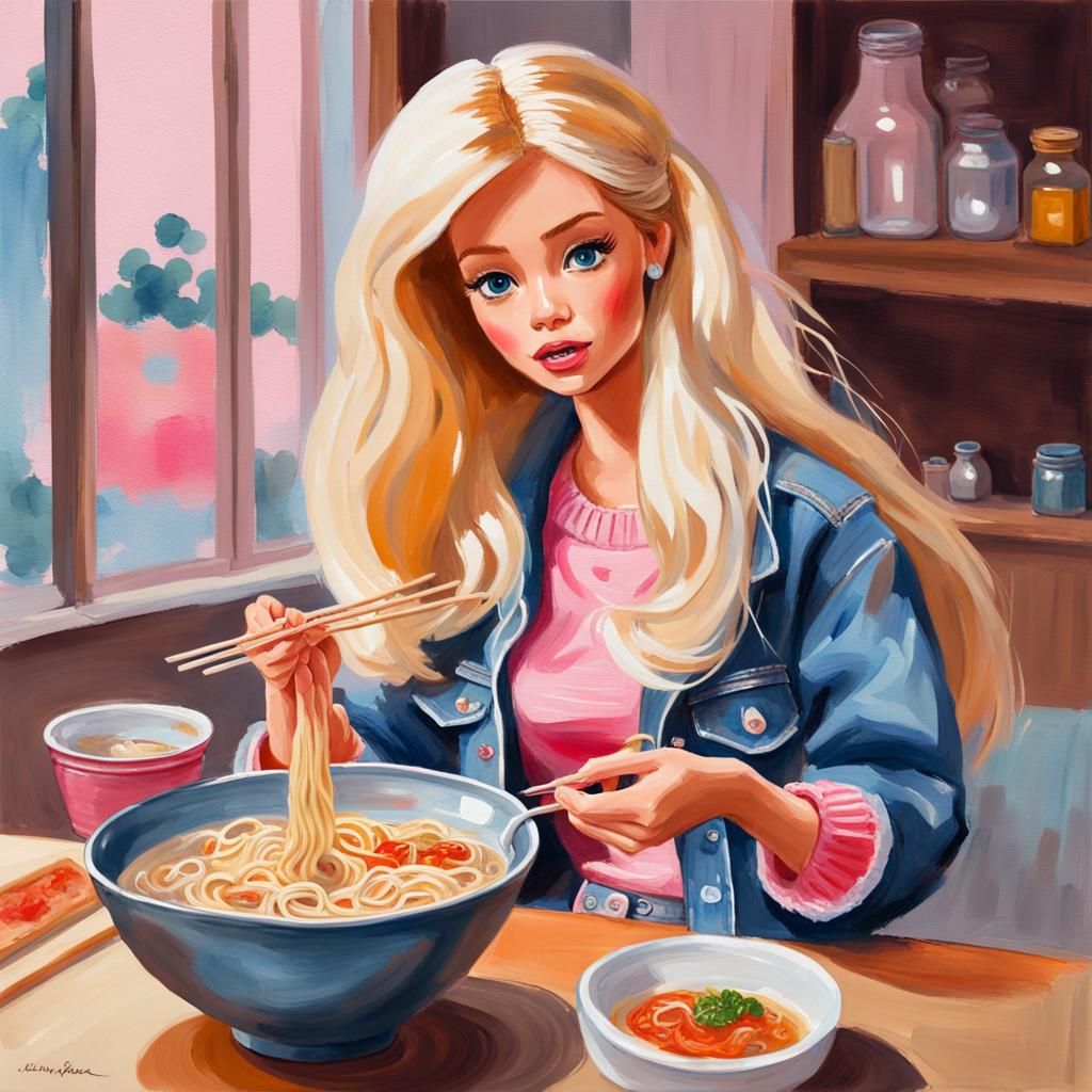 Barbie Eating Ramen in Gouache Watercolor Style