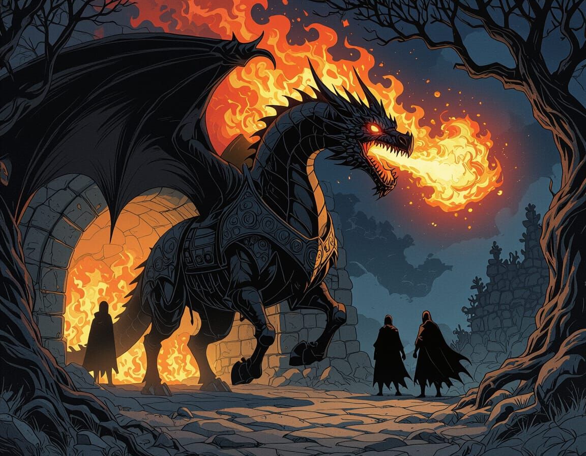 Black Dragon Breathes Fire on Shadowy Figures