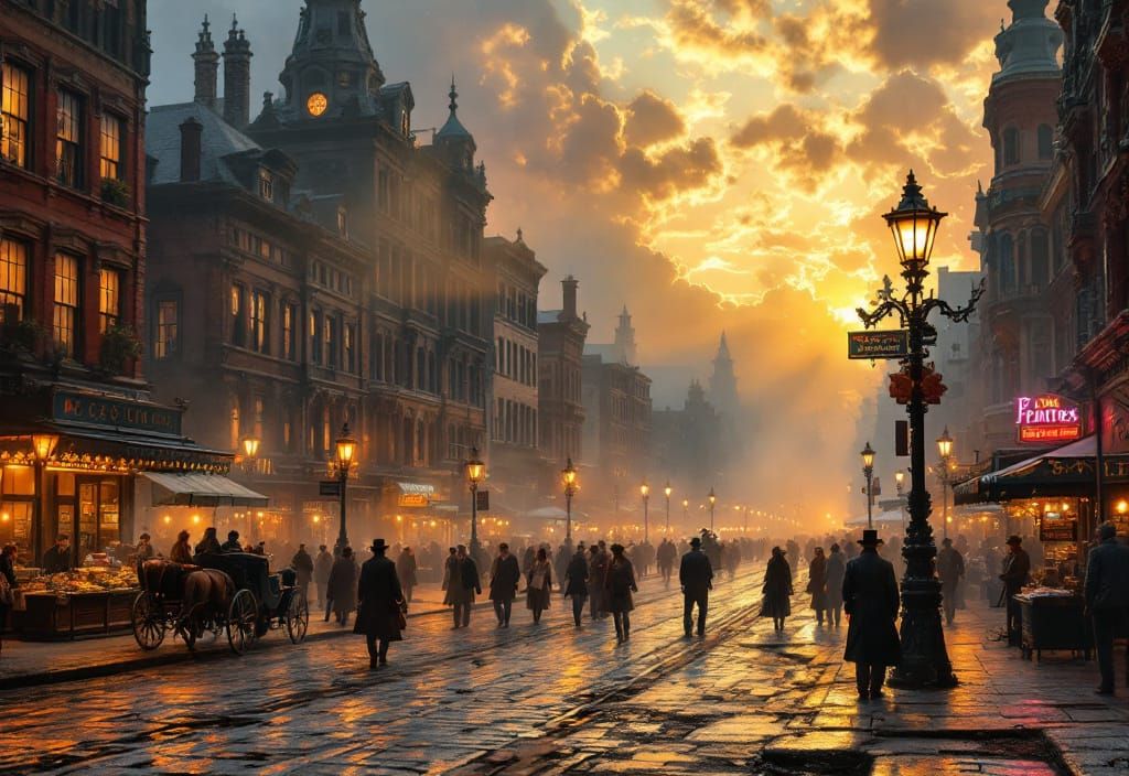 Vibrant 1800s American City Intersection at Magic Hour