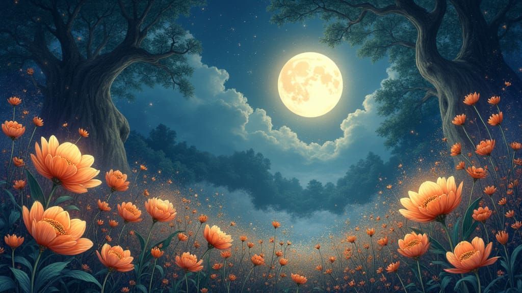 Enchanted Floral Dreamscape Under a Full Moon